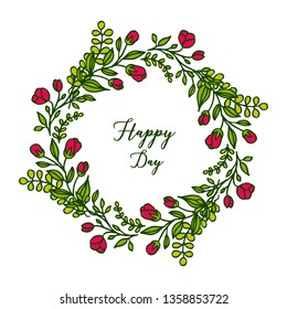 Vector illustration, happy day text with red flower frame design. Hand drawn