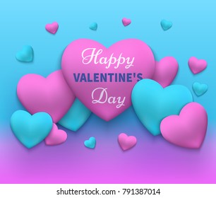 Vector illustration of a happy day valentine's. Pink and blue 2018 hearts gathered in different fon.Vektor 