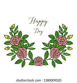 Vector illustration happy day wedding romantic with ornate of pink rose flower frame hand drawn