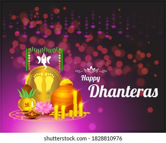 Vector illustration of Happy Dhantera with goddess Lakshmi footprint on gold coin, lord ganesha, puja kalash, lotus, diya, gold coin pot, on beautiful bokeh backgrund.