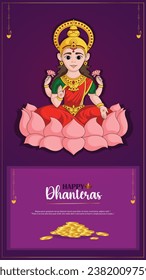 Vector Illustration Happy Dhanteras with goddess Laxmi with lotus banner template