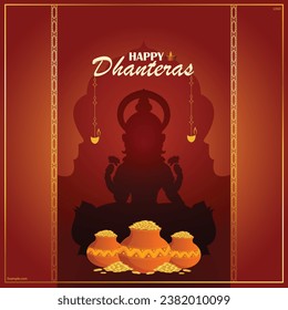 Vector Illustration Happy Dhanteras with goddess Laxmi with lotus and gold coins banner template