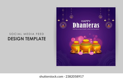 Vector illustration of Happy Dhanteras social media feed template written hindi text means Dhanteras 