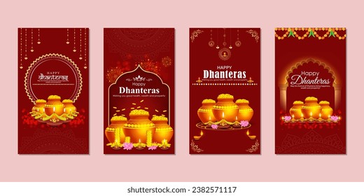 Vector illustration of Happy Dhanteras social media feed template written hindi text means Dhanteras 