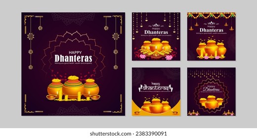 Vector illustration of Happy Dhanteras social media feed template written hindi text means Dhanteras 