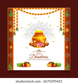 Vector illustration of Happy Dhanteras template, written in hindi text means Dhanteras 