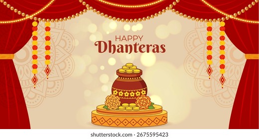 Vector illustration of Happy Dhanteras template, written in hindi text means Dhanteras 
