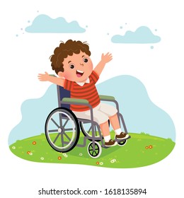 Vector illustration of happy disabled boy in a wheelchair. Health Problems concept.