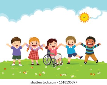 Vector illustration of happy disabled girl in a wheelchair and her friends jumping together.