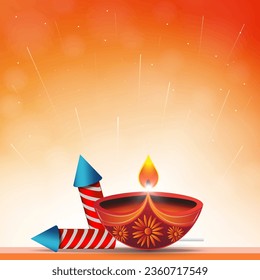 Imagen vectorial del fondo Feliz Diwali con lámpara de aceite diya y petardos en la pared. 