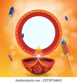 Vector illustration of Happy Diwali background with diya and firecrackers on bokeh background. space for text.