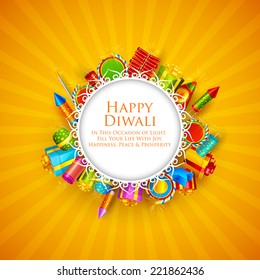 vector illustration of Happy Diwali card with firecracker and gifts