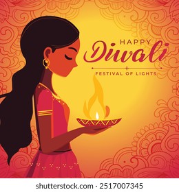 Ilustração vetorial Happy Diwali com Diya Lamp segurando menina Feliz Diwali cartão ilustração