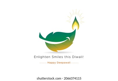 vector illustration of happy Diwali festival creative poster with eco friendly pollution free and smiling green leaf lamp candle