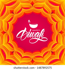 Vector illustration: Happy Diwali. Greeting poster with hand lettering, Indian ornament and lamp. Modern design