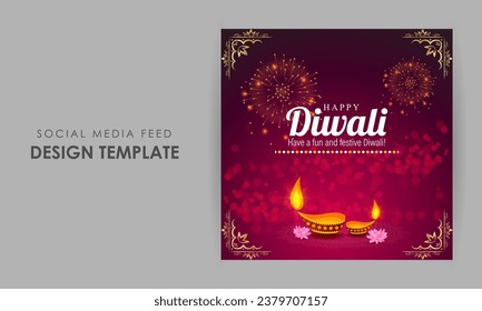 Vector illustration of Happy Diwali social media feed template written hindi text means happy diwali