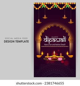 Vector illustration of Happy Diwali social media feed template written hindi text means happy diwali