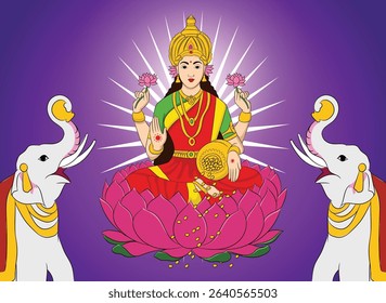 Vector illustration of happy diwali, wealth goddess mahalakshmi sitting on a lotus and showering gold coins on purple background.