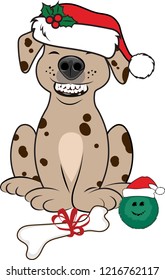 A vector illustration of a happy dog with a big smile showing his teeth and wearing a Santa hat with Christmas presents in front of him.
