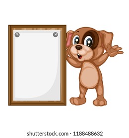 Vector Illustration of a Happy Dog. Cute Cartoon Puppy Holding a Big Text Banner Isolated on a White Background Playing, Cheering. Happy Animals Set