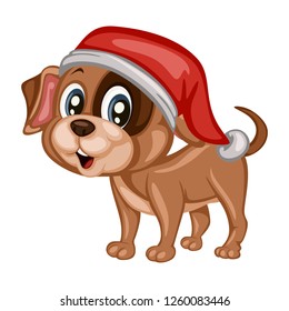 Vector Illustration of a Happy Dog. Cute Cartoon Puppy Isolated on a White Background with a Red Christmas Hat. Happy Animals Set