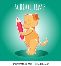 Vector illustration Happy dog hold red pencil in paw School time