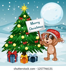 Vector Illustration of a Happy Dog Next to Christmas Tree. Wearing a Christmas Hat and holding Text Banner. Cute Cartoon Puppy Cheering On Winter Background. Happy Animals Set