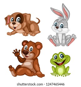 Vector Illustration of Happy Dog, Rabbit, Bear and Frog. Cute Cartoon Animals Sitting Isolated on a White Background. Happy Animals Set