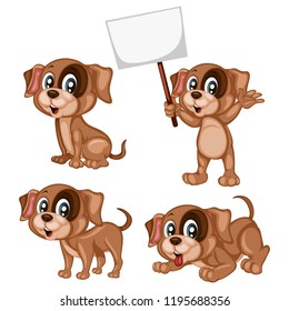 Vector Illustration of a Happy Dog Set. Cute Cartoon Puppies in Different Poses Isolated on a White Background. Happy Animals Set. Little Dog Holding a Banner, Cheering, Laying, Sitting
