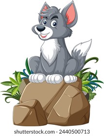 Vector illustration of a happy dog sitting on stones.