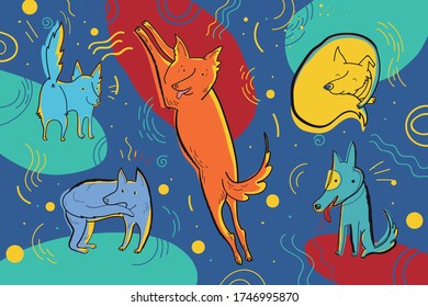 Vector illustration with happy dogs surrounded by hand drawn graphic elements. Funny childish emotional characters.