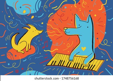 Vector illustration with happy dogs surrounded by confetti. Greeting card for the holiday and music party. Childish characters.