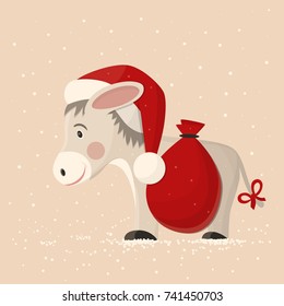 Vector illustration of a happy donkey in Santa Claus hat and with bags of presents in the snow