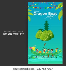 Vector illustration of Happy Dragon Boat Festival social media story feed mockup template