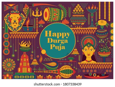 vector illustration of Happy Durga Puja festival background for India holiday Dussehra