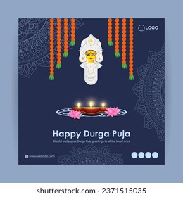 Vector illustration of Happy Durga Puja social media feed template, written Hindi text means Durga puja