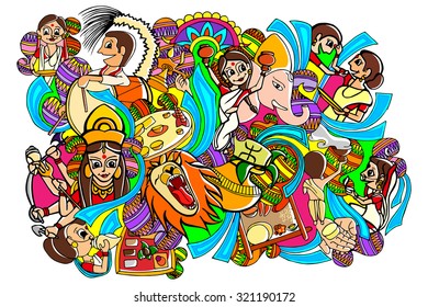 vector illustration of Happy Durga Puja doodle drawing