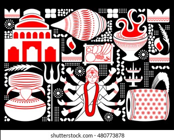 vector illustration of Happy Durga Puja festival background kitsch art India