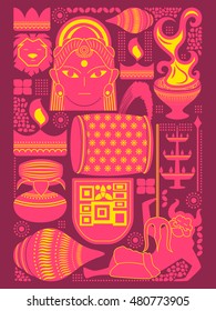 vector illustration of Happy Durga Puja festival background kitsch art India