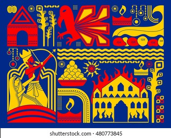 vector illustration of Happy Dussehra festival background kitsch art India