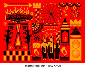 vector illustration of Happy Dussehra festival background kitsch art India