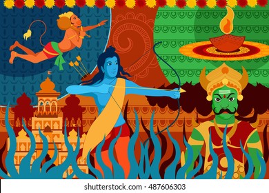 vector illustration of Happy Dussehra festival background forIndia holiday