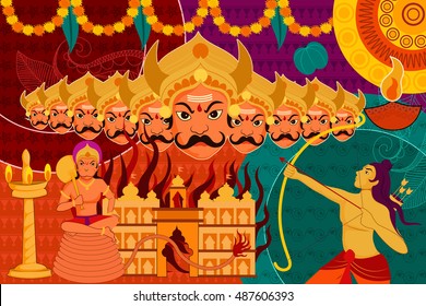 vector illustration of Happy Dussehra festival background forIndia holiday