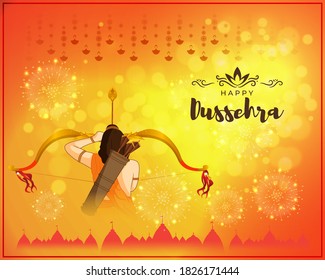 Vector illustration of Happy Dussehra greeting, Indian festival, Lord Rama holding bow and arrow in hands, danglers, temples, fireworks, beautiful bokeh background.