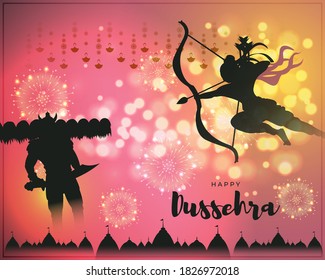 Vector illustration of Happy Dussehra greeting, Indian festival, Lord Rama holding bow and arrow in hands killing Ravana, fireworks, danglers, temples, beautiful bokeh background.
