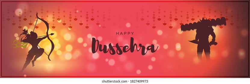 Vector illustration of Happy Dussehra greeting, Indian festival, Lord Rama holding bow and arrow in hands killing Ravana, fireworks, danglers, beautiful bokeh background.