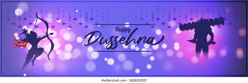 Vector illustration of Happy Dussehra greeting, Indian festival, Lord Rama holding bow and arrow in hands killing Ravana, fireworks, danglers, beautiful bokeh background.