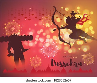 Vector illustration of Happy Dussehra greeting, Indian festival, Lord Rama holding bow and arrow in hands killing Ravana, fireworks, danglers, temples, beautiful bokeh background.