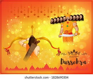 Vector illustration of Happy Dussehra greeting, Indian festival, Lord Rama holding bow and arrow in hands killing Ravana, fireworks, danglers, temples, beautiful bokeh background.