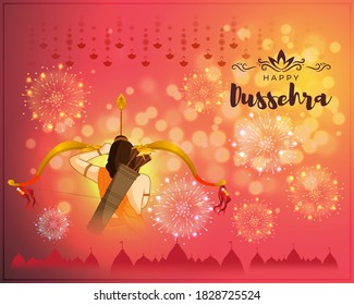 Vector illustration of Happy Dussehra greeting, Indian festival, Lord Rama holding bow and arrow in hands killing Ravana, fireworks, danglers, temples, beautiful bokeh background.